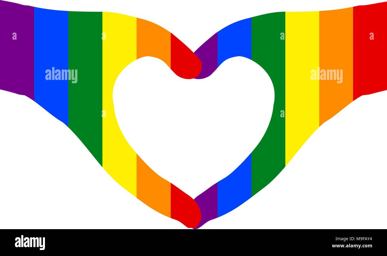 Coppia di mani in forma di cuore (sfondo trasparente di colore bianco) dipinta con colori dell'arcobaleno. Illustrazione vettoriale EPS10. Illustrazione Vettoriale