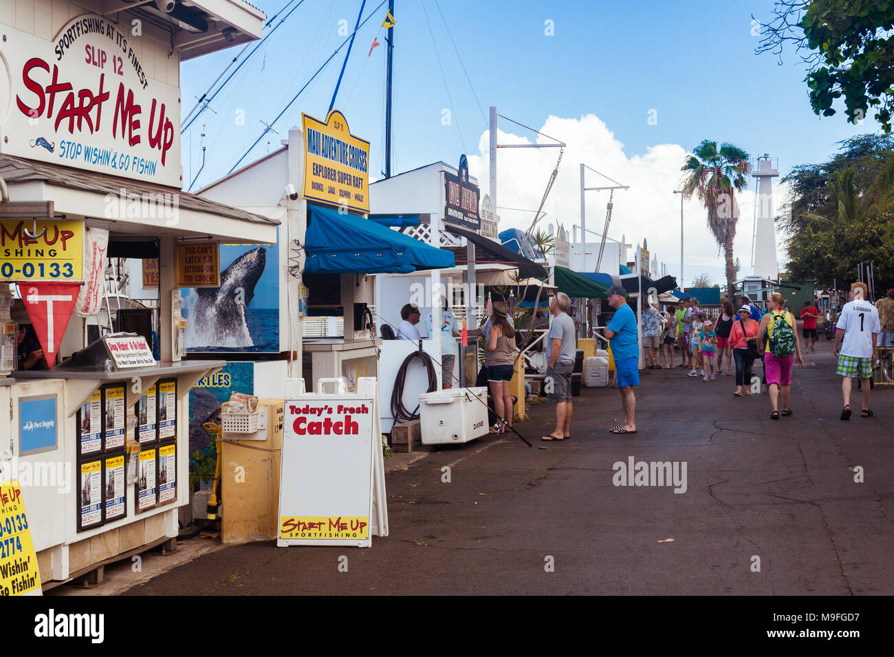 Stand dei tour operator per le attività oceaniche al porto di Lahaina Foto Stock