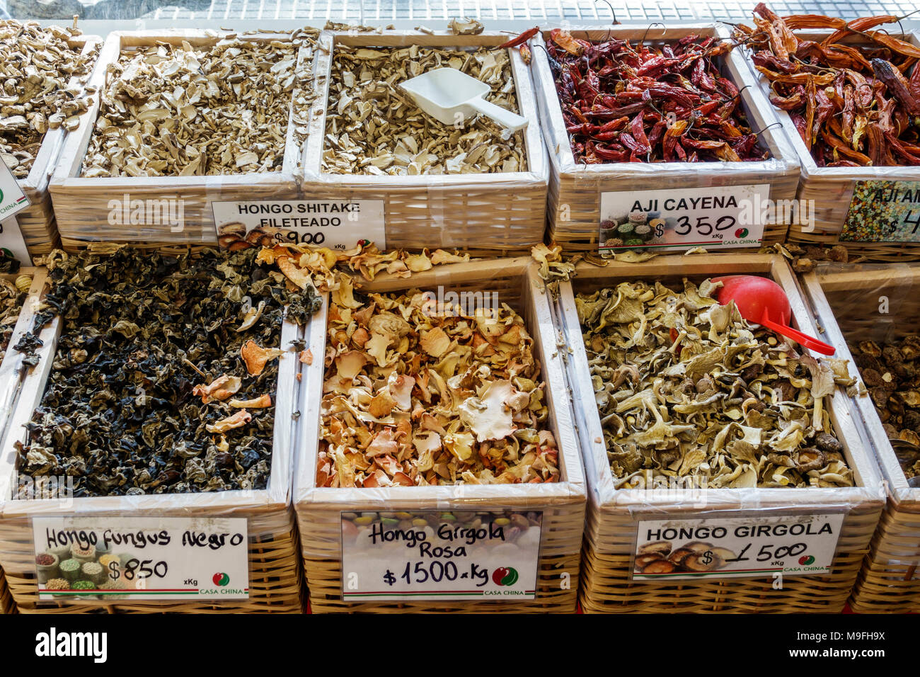Buenos Aires Argentina,Belgrano,China Town Barrio Chino quartiere Chinatown,mercato asiatico,funghi secchi,shitake,girgola,funghi ostrica,casse,int Foto Stock