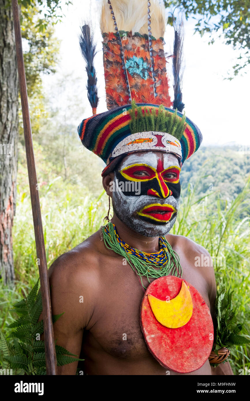 Un tribesman dipinto e vestito per la Mount Hagen Spettacolo Culturale in Papua Nuova Guinea Foto Stock