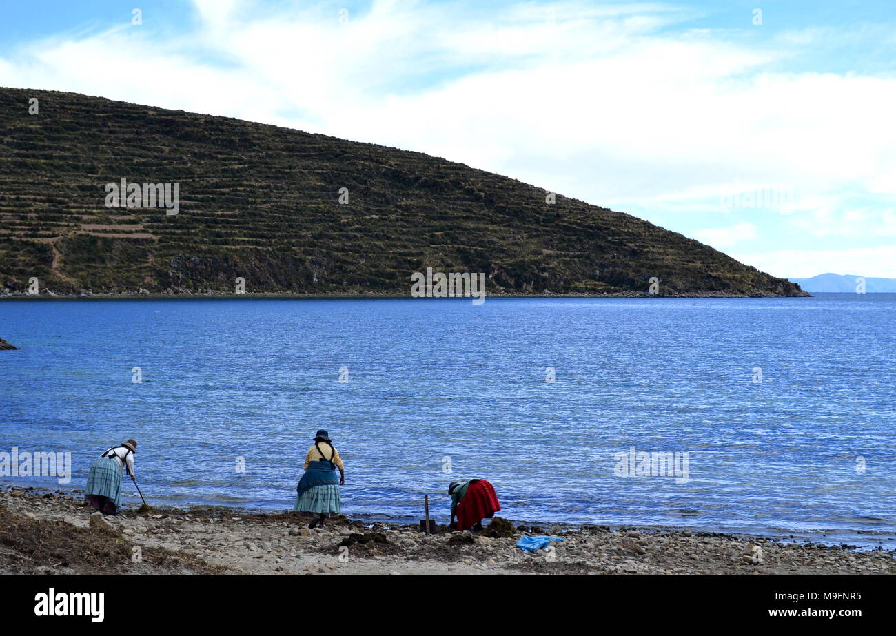 Tre donne che lavorano presso il lago Titicaca, Isla del Sol Bolivia Foto Stock