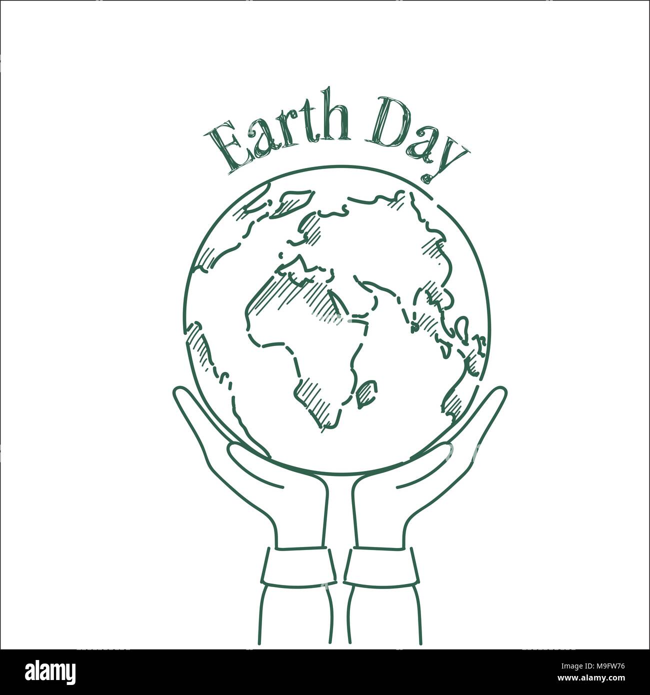 Mano Azienda Sketch, Planet Earth Day Greeting Card Design Happy Holiday Poster disegnati a mano Illustrazione Vettoriale