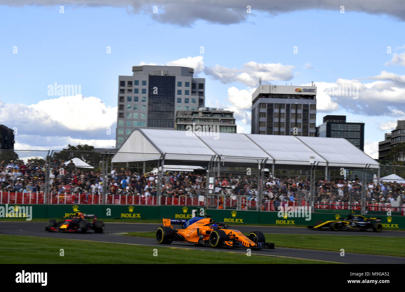 Melbourne, Australia. 25 Mar, 2018. Motorsports: FIA Formula One World Championship 2018, Melbourne, Victoria : Motorsports: Formula 1 2018 Rolex Australian Grand Prix, #14 Fernando Alonso (ESP, McLaren-Renault), | Utilizzo di credito in tutto il mondo: dpa/Alamy Live News Credito: dpa picture alliance/Alamy Live News Foto Stock
