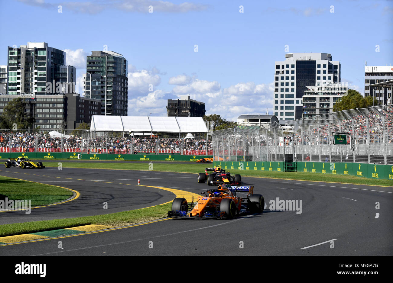 Melbourne, Australia. 25 Mar, 2018. Motorsports: FIA Formula One World Championship 2018, Melbourne, Victoria : Motorsports: Formula 1 2018 Rolex Australian Grand Prix, #14 Fernando Alonso (ESP, McLaren-Renault), | Utilizzo di credito in tutto il mondo: dpa/Alamy Live News Credito: dpa picture alliance/Alamy Live News Foto Stock