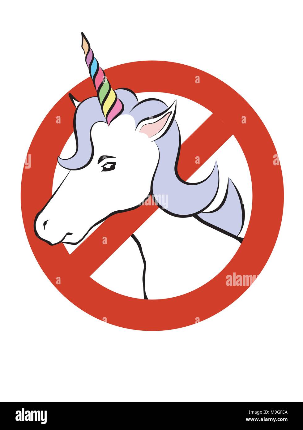 Cartoon unicorn testa guardando attraverso il segno di divieto, illustrazione vettoriale Illustrazione Vettoriale