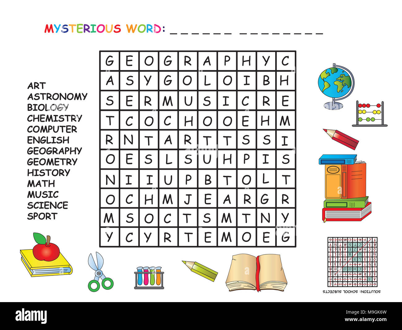 Gioco per bambini: crossword di materie scolastiche Foto Stock