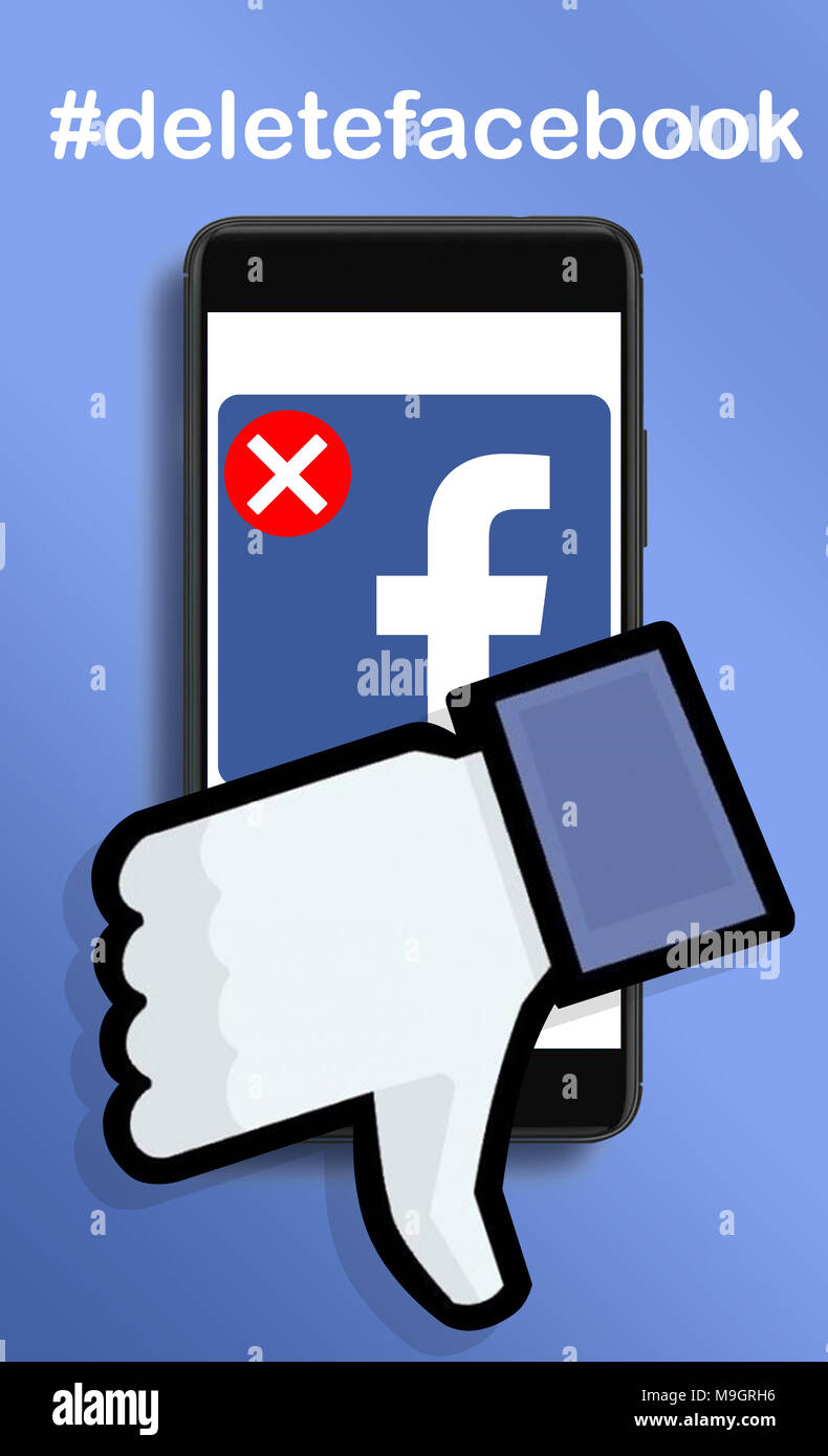 Varsavia, Polonia- Marzo 2018: concetto illustrative, utente eliminazione account di Facebook a causa di Cambridge Analytica perdite di dati. Foto Stock