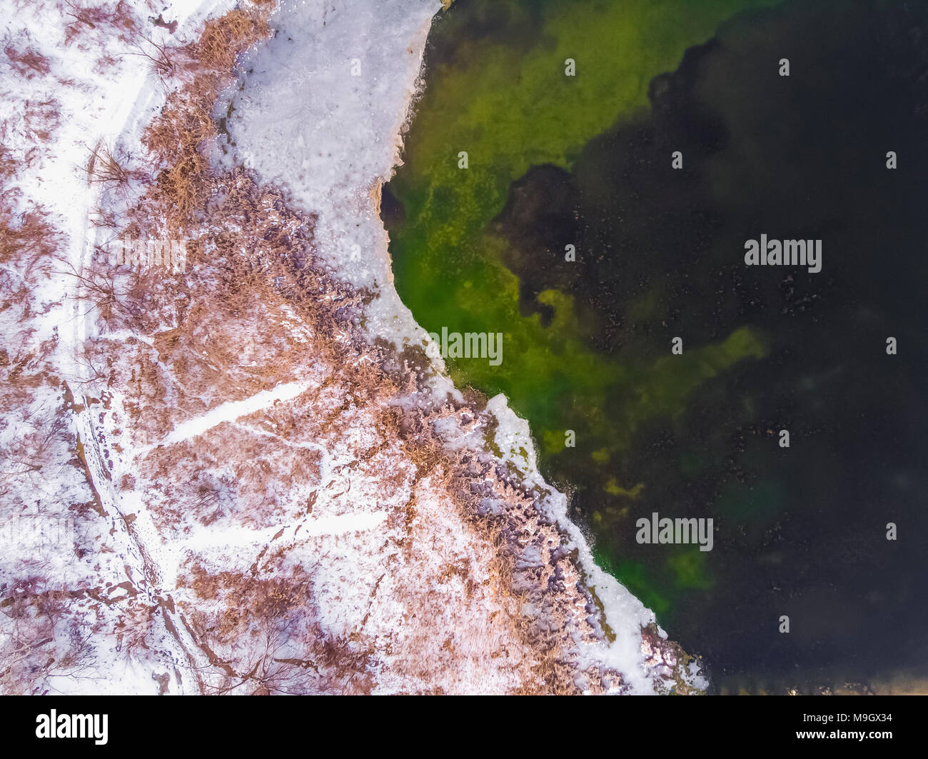 Lago di palude e la riva dal di sopra, antenna sondaggio, in inverno, coperta di neve il giorno, immagine di sfondo Foto Stock