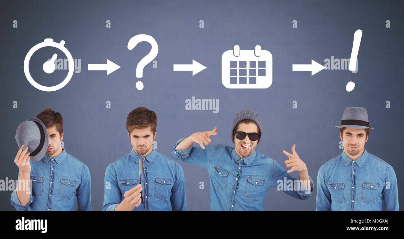 Uomo di pensare in sequenza con le idee e il processo di brainstorming icone Foto Stock