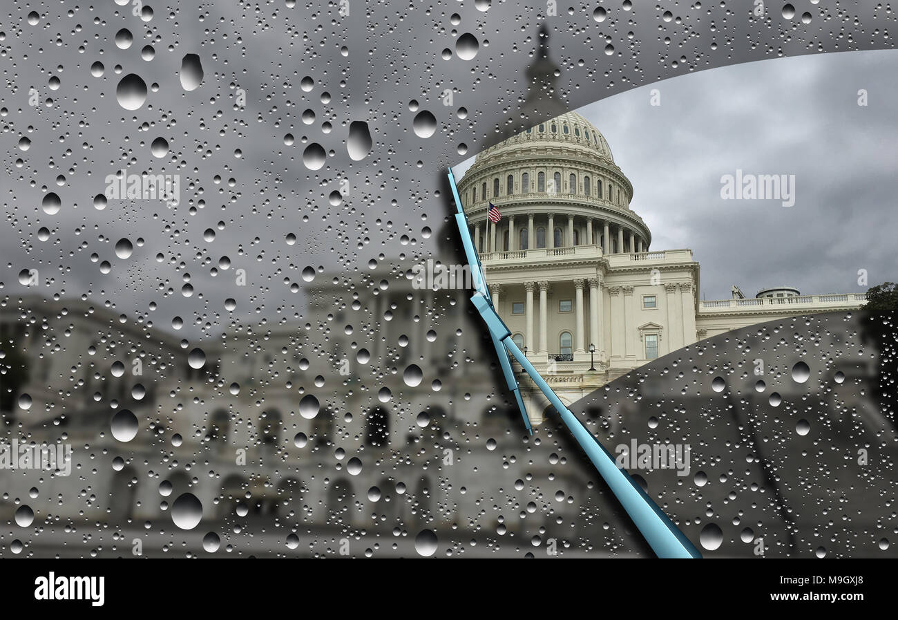 Washington news concept e indagine politico come il congresso degli Stati Uniti offuscata dalla pioggia con una spazzola pulizia di una finestra come un simbolo. Foto Stock