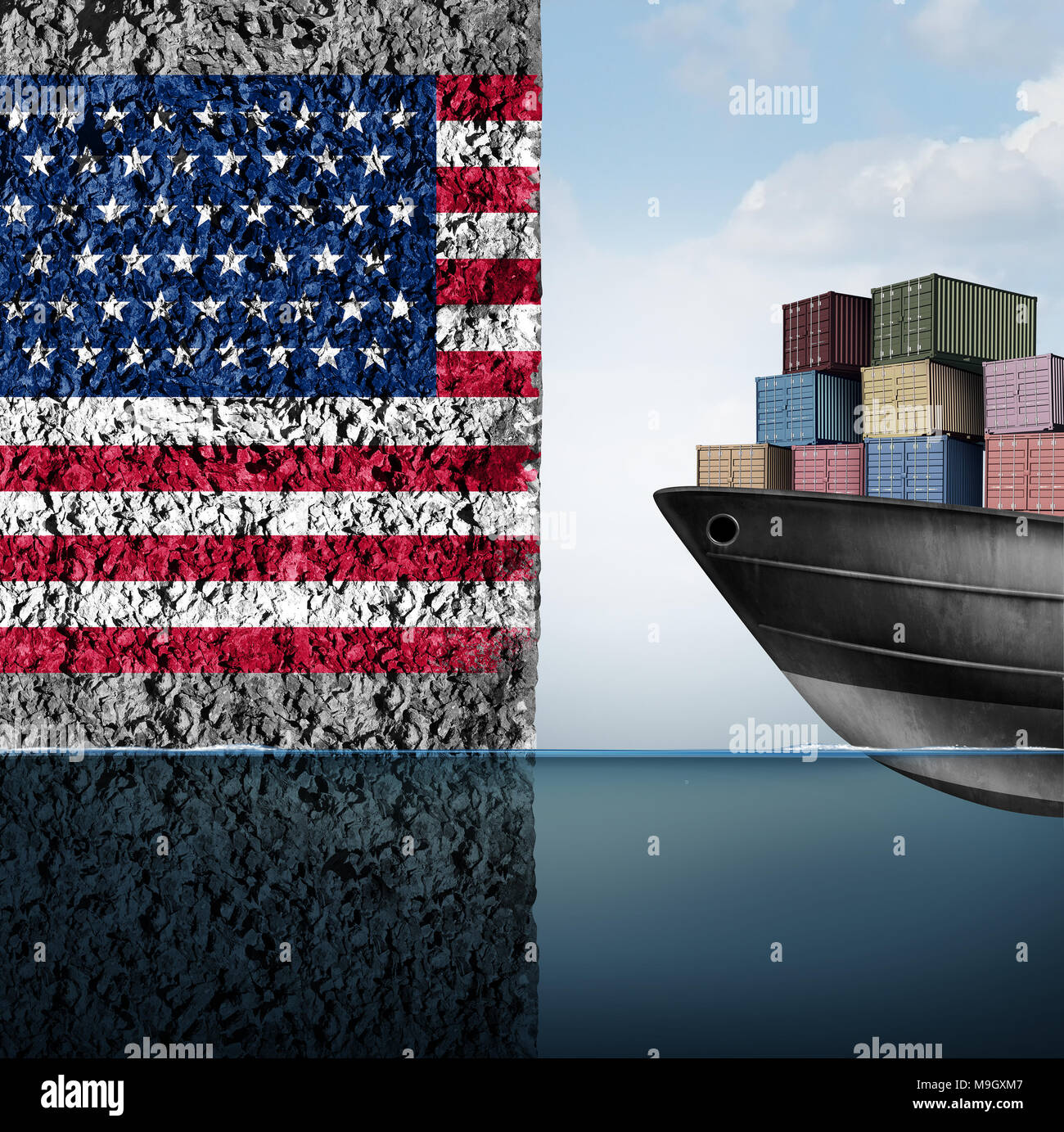 American barriera commerciale e tariffaria guerra negli Stati Uniti come una nave da carico rivolto verso una parete come un imposizione economica il problema sopra le importazioni e le esportazioni. Foto Stock