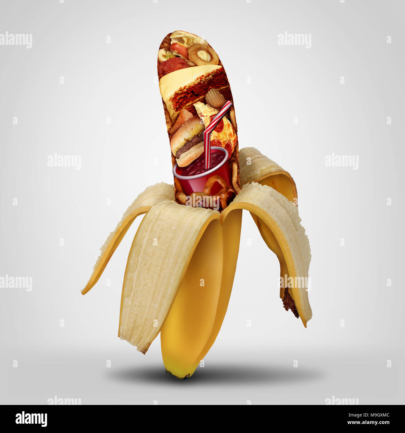 Nascosto il cibo spazzatura dieta e obesità il concetto di crisi come un gruppo di gresy fat snack all'interno di una banana con 3D'illustrazione degli elementi. Foto Stock
