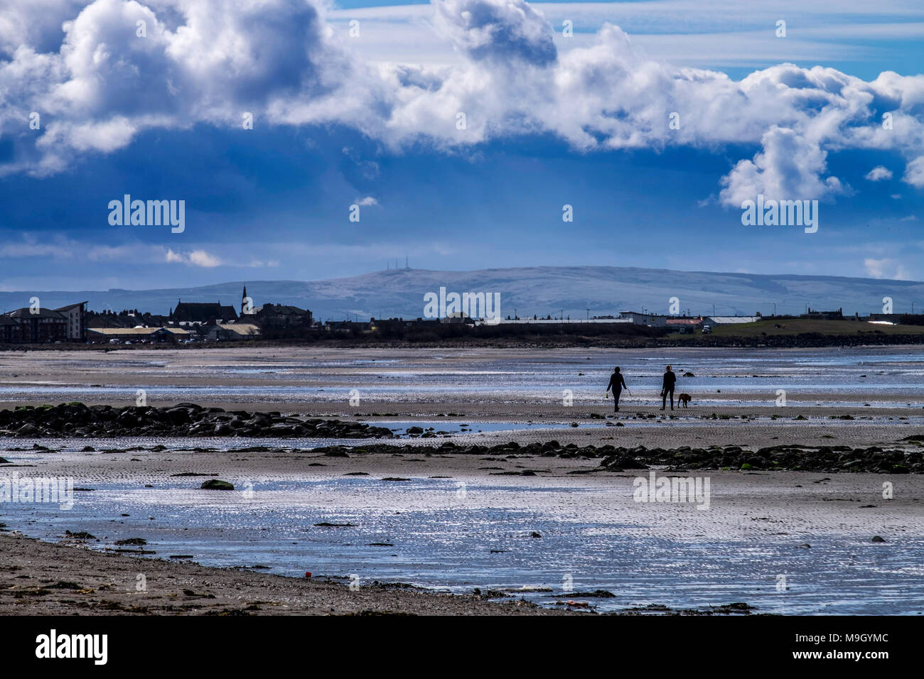 Cane di camminare sulla spiaggia come nubi in rotolo con Arran in background Foto Stock