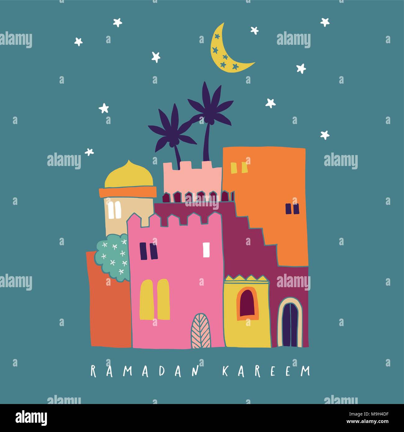Disegnata a mano colorate case arabe con la luna e le stelle. Marocchina in medio oriente o in città. Cartolina di invito per vacanza musulmana del Ramadan Kareem. Illustrazione Vettoriale, background design piatto. Illustrazione Vettoriale