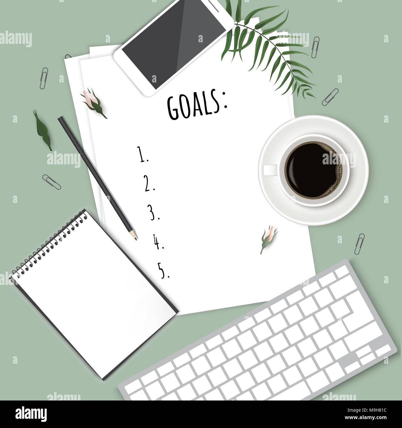 Vista superiore 2018 Elenco degli obiettivi con i notebook, una tazza di caffè sulla scrivania in legno. Illustrazione Vettoriale. Illustrazione Vettoriale