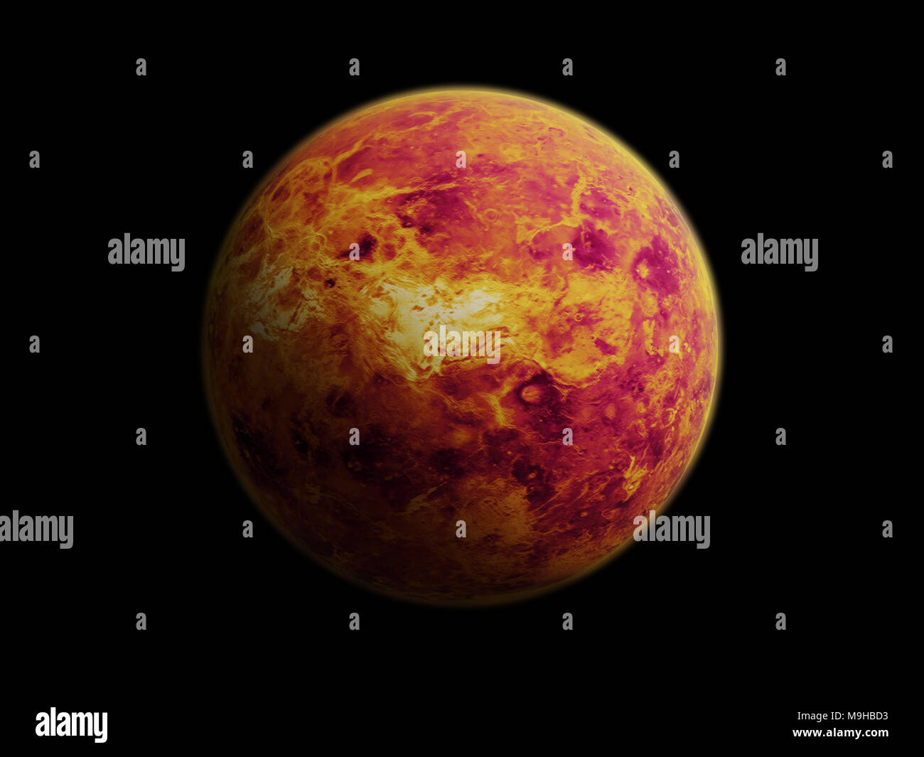 Pianeta Venere isolata su sfondo nero, messa a fuoco sulla superficie del pianeta Foto Stock