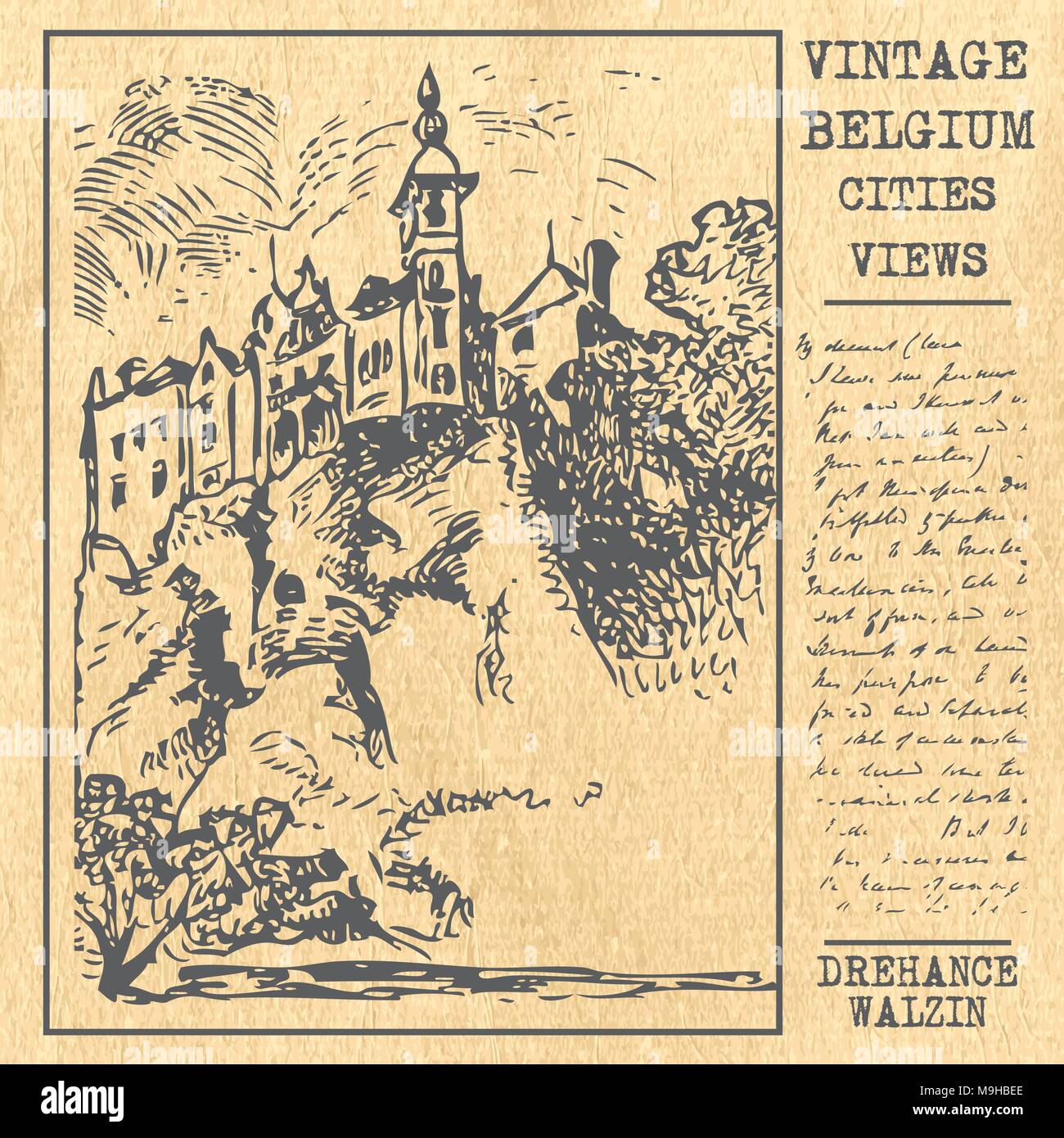 Vintage Belgio luoghi nella vista città Attrazioni turistiche in vettore Illustrazione Vettoriale