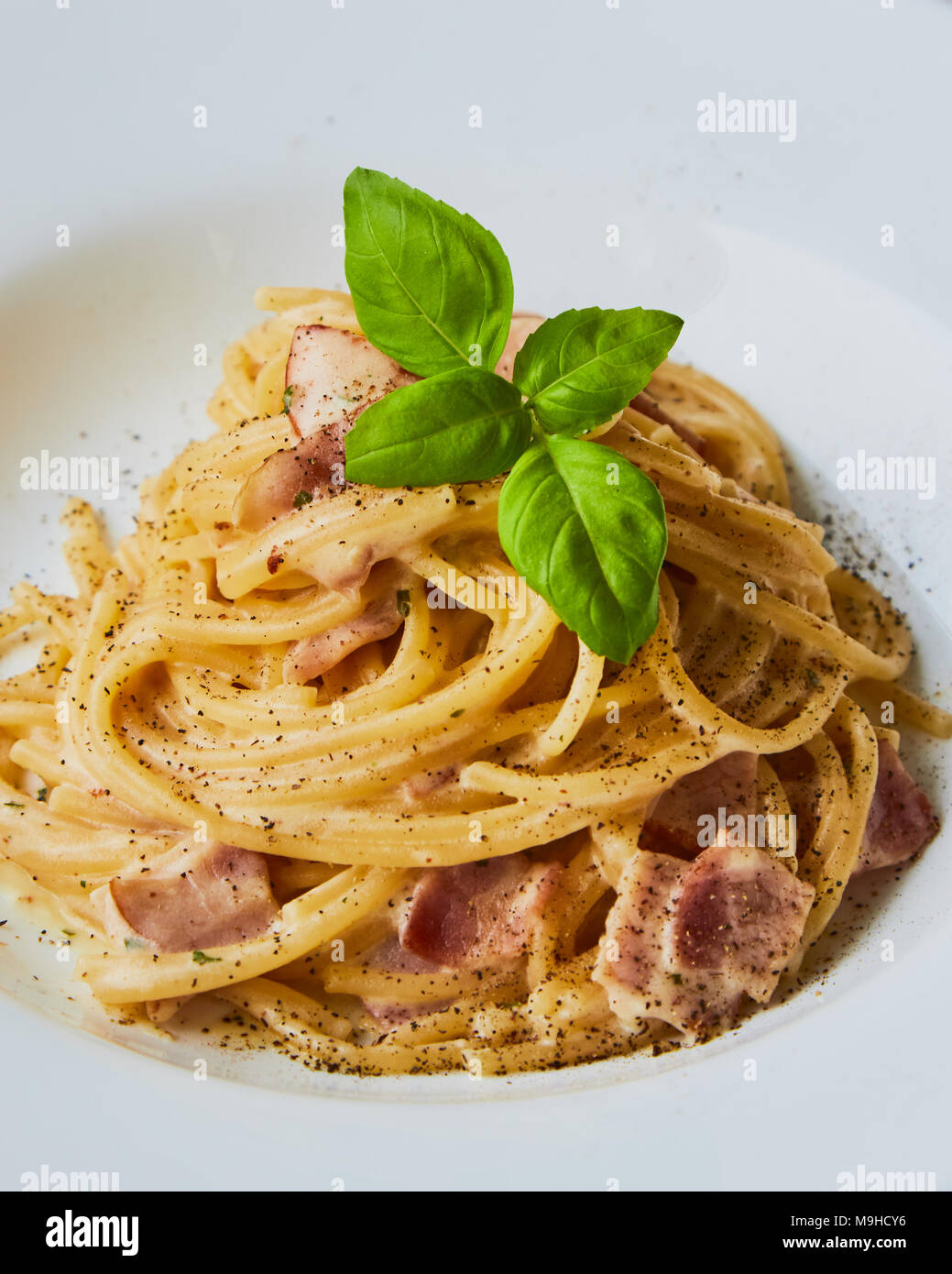 Spaghetti alla carbonara sulla piastra bianca con foglie di basilico Foto Stock