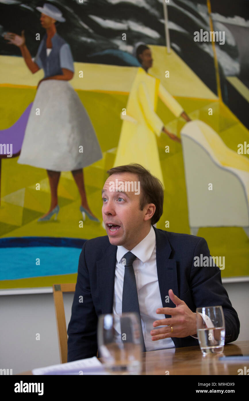 Matt Hancock, MP per West Suffolk, Segretario di Stato del Ministero della Cultura, dei mezzi di comunicazione e lo sport, uomo politico britannico del partito conservatore. Foto Stock