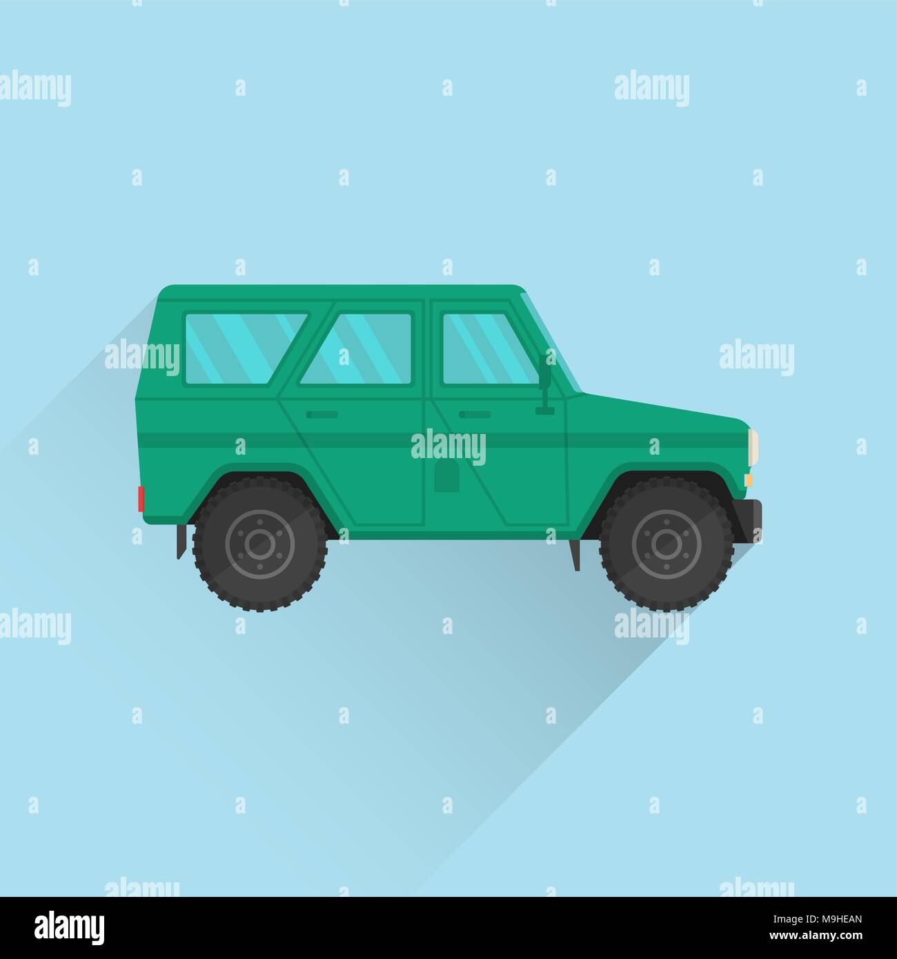 Icona di auto JEEP. Esercito di un SUV di colore verde. Il veicolo della aumentata passability per viaggiare, ricreazione attiva, caccia, un safari e il disco scopo Illustrazione Vettoriale
