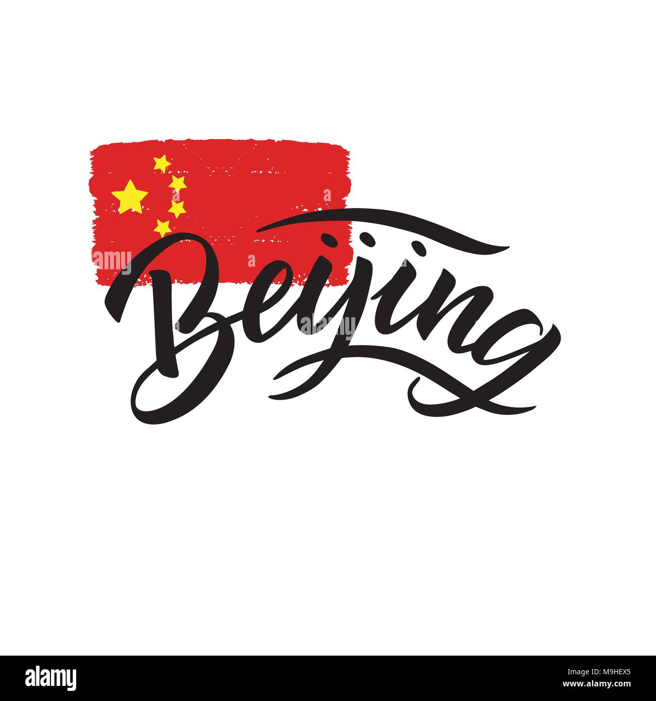 Pechino scritte sui natinal bandiera della Cina. Il logo della città isolata su bianco. Vintage calligrafia badge in stile grunge. Grande per t-shirt, cartolina o poster. Illustrazione Vettoriale. Illustrazione Vettoriale