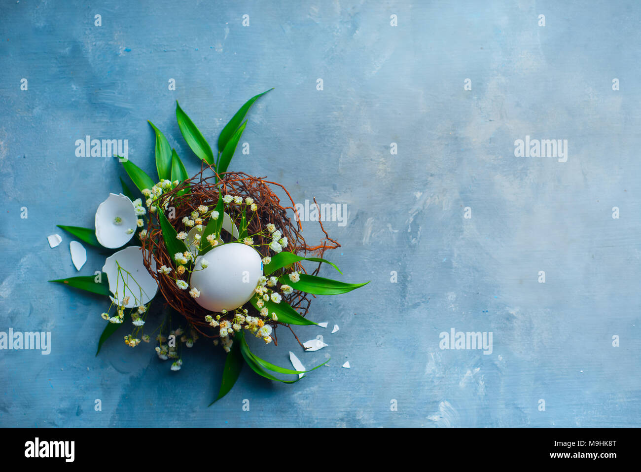 Pasqua floreali concetto di decorazione con il bianco delle uova in un nido, foglie verdi e la molla gypsophila fiori. Cucina organica concetto con copia spazio. Foto Stock