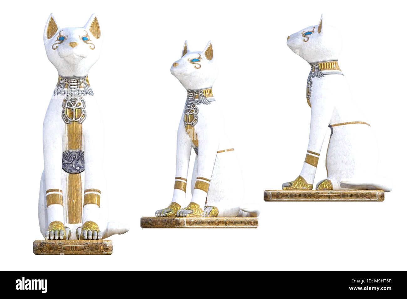 Set di gatto egiziano statue isolate su bianco, 3D render. Foto Stock