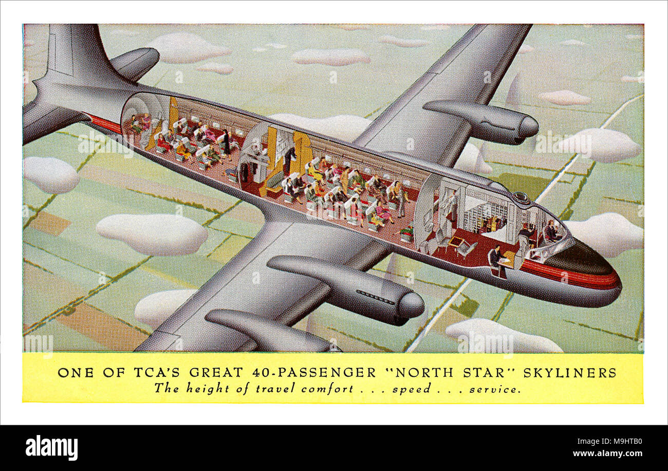 Cartolina Vintage per la Trans Canada Air Lines (più tardi Air Canada), dotato di una sezione illustrazione di un Canadair North Star aereo di linea. Foto Stock