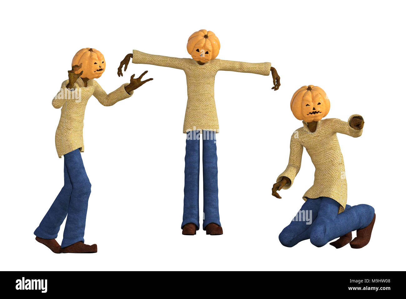 Testa di zucca spaventapasseri isolato su bianco, 3D render Foto Stock