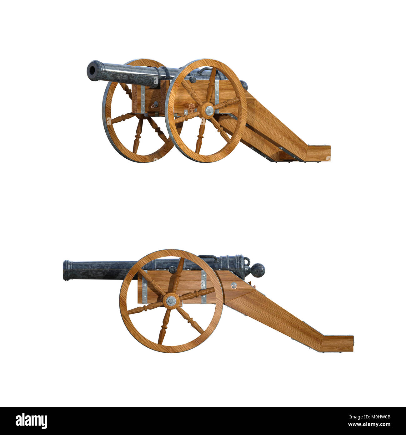 Coppia di vecchi cannoni militare isolato su bianco, 3D render. Foto Stock