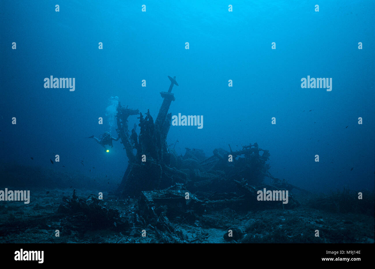 Scuba Diver ad un naufragio non identificato, Corsica, Francia, mare Mediterraneo, Europa Foto Stock