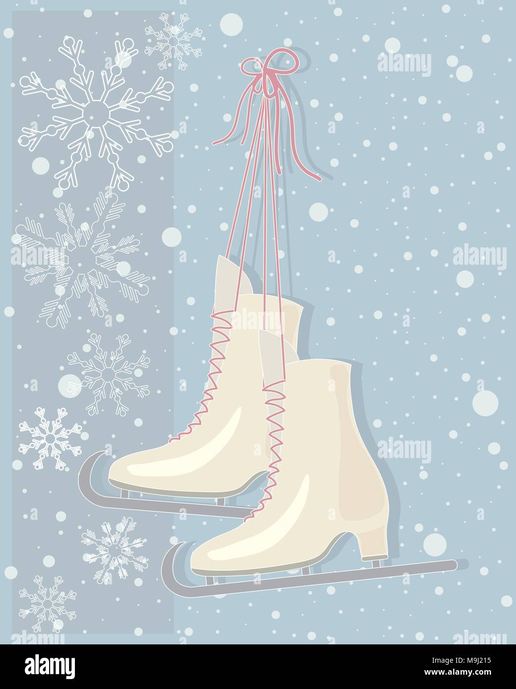 Una illustrazione vettoriale in formato eps di una coppia di vintage pattini da ghiaccio con dusky lacci rosa su un astratto innevate sullo sfondo Illustrazione Vettoriale