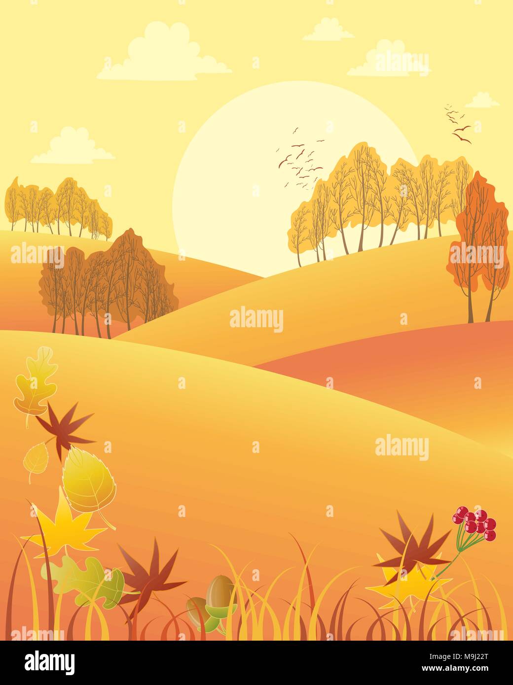 Una illustrazione vettoriale in formato eps formato 10 di un rurale autumn fall pomeriggio con dolci colline colorate alberi e foglie cadute, Illustrazione Vettoriale