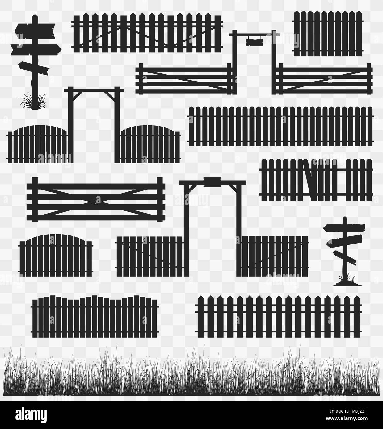 Set di recinzioni di nero con i cancelli Illustrazione Vettoriale