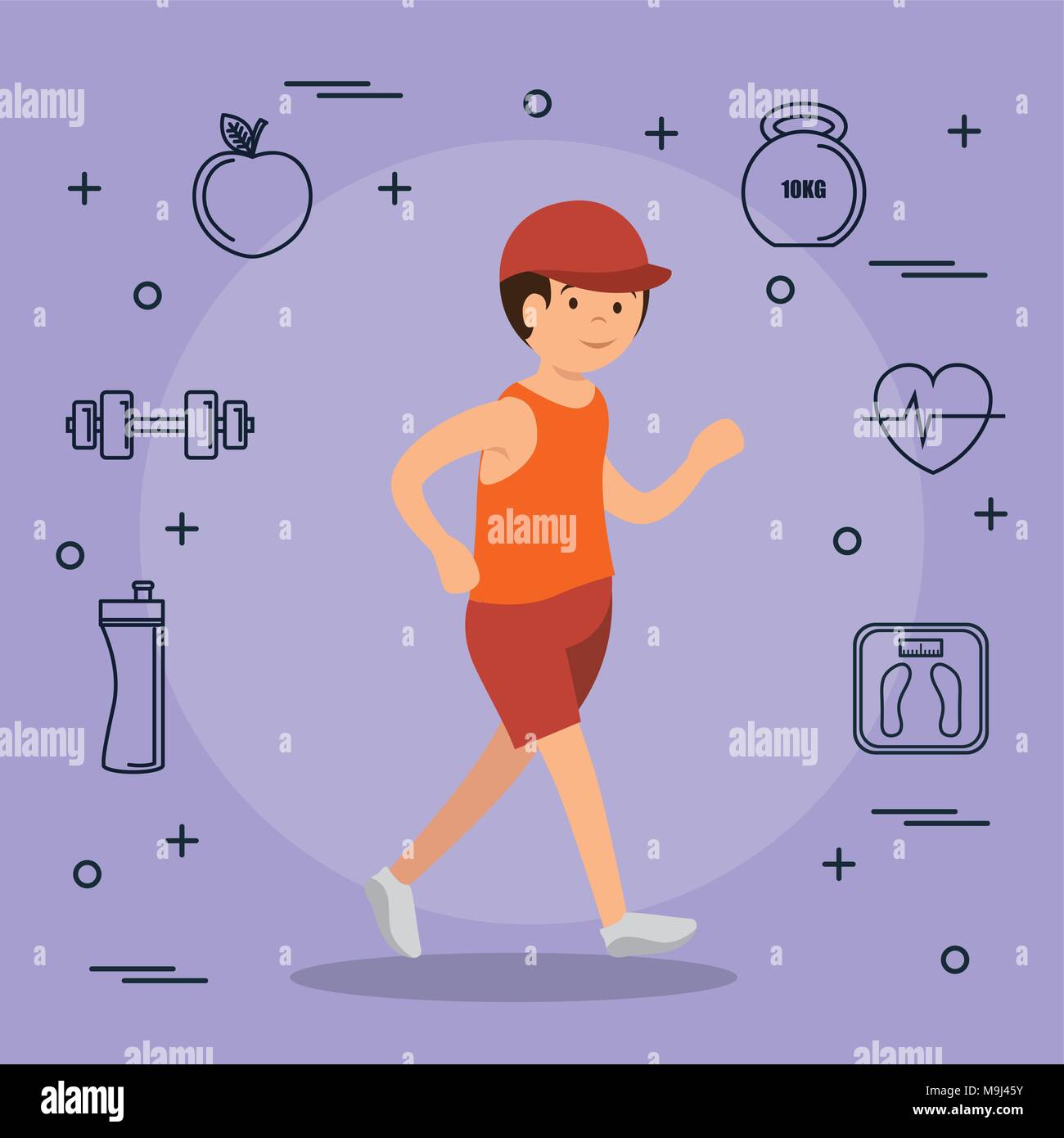 Running man sport con set di icone Illustrazione Vettoriale