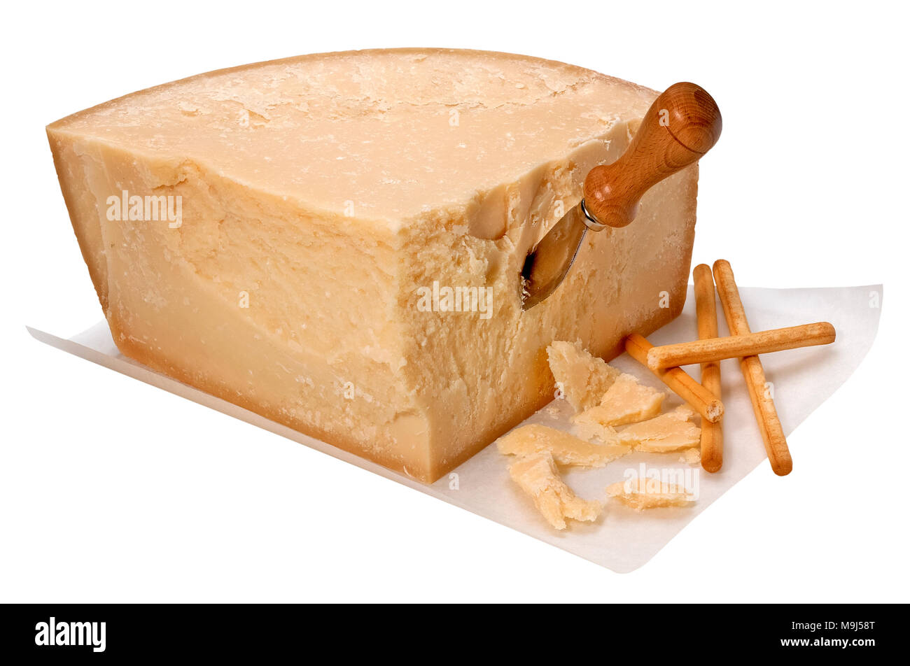 Pezzo di formaggio Parmigiano con coltello Foto Stock