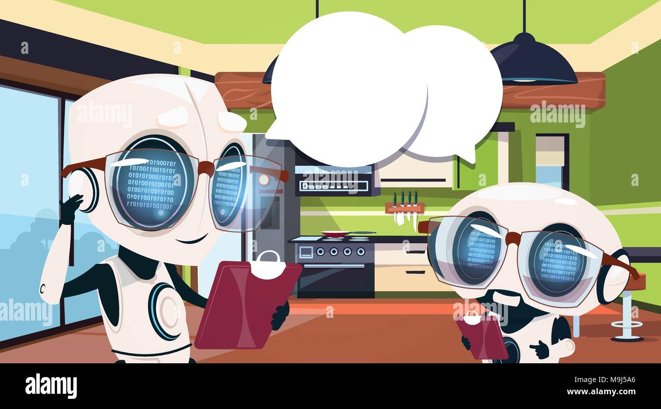Robot sorveglianti utilizzando Smart sistema domestico di pulizia camera Cucina Illustrazione Vettoriale