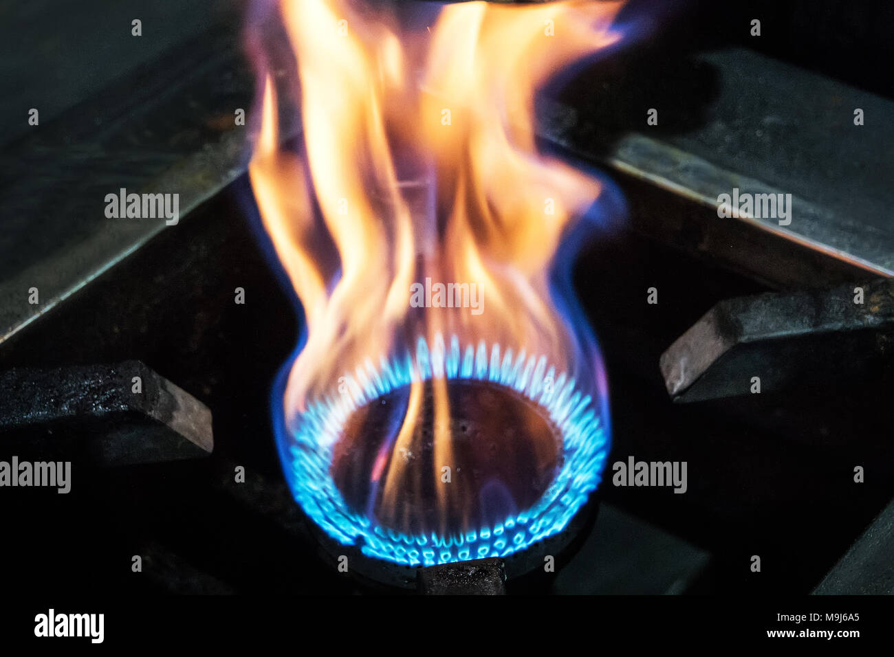 Combustione di gas nel bruciatore del forno a gas. grandi fiamme di fuoco. Fiamme Gialle vicino fuoco pesanti dalla stufa Foto Stock