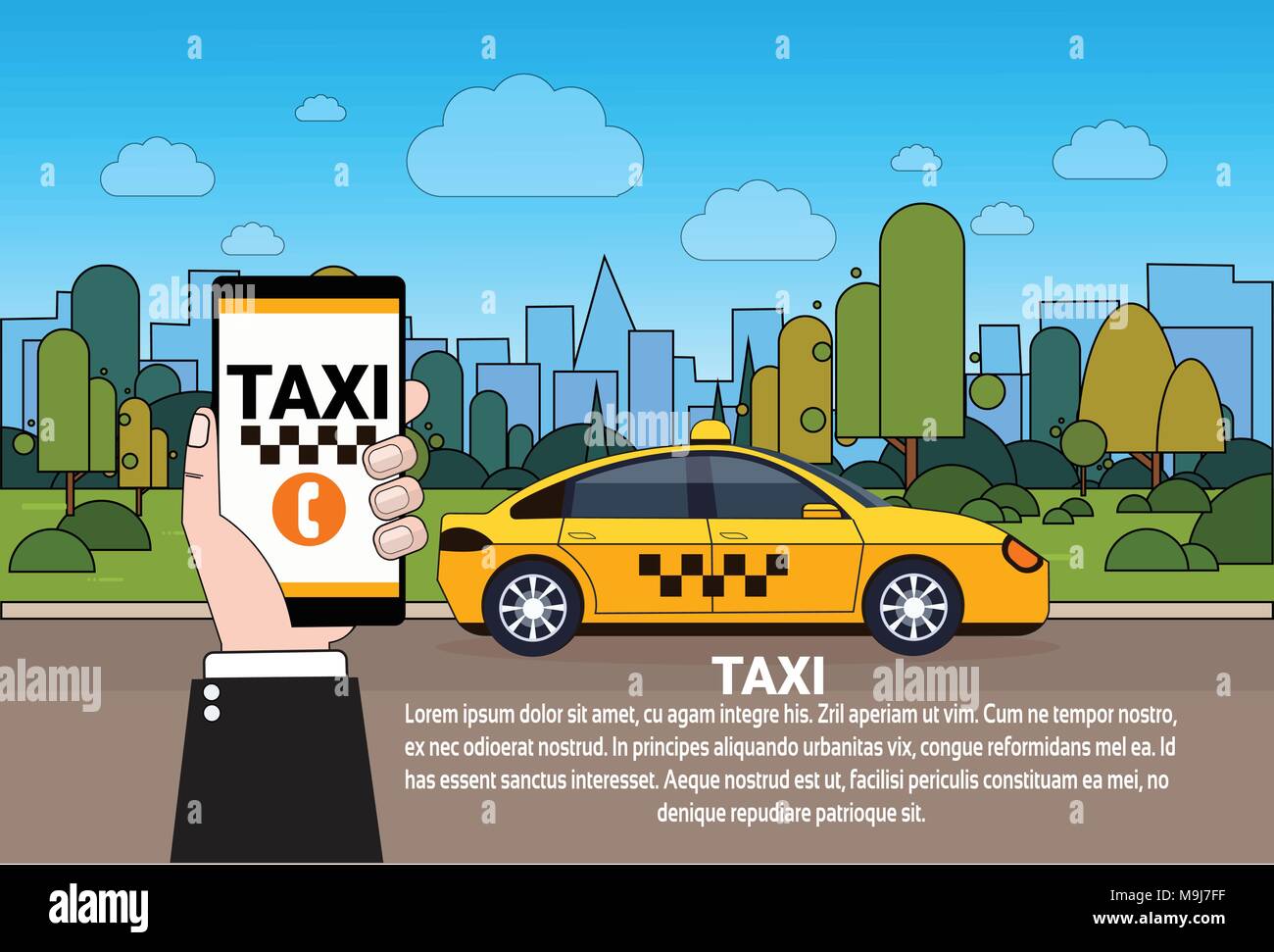 Mobile di Servizio Taxi mano azienda Smart Phone con Ordine Online di App su Yellow Cab auto sulla strada Illustrazione Vettoriale