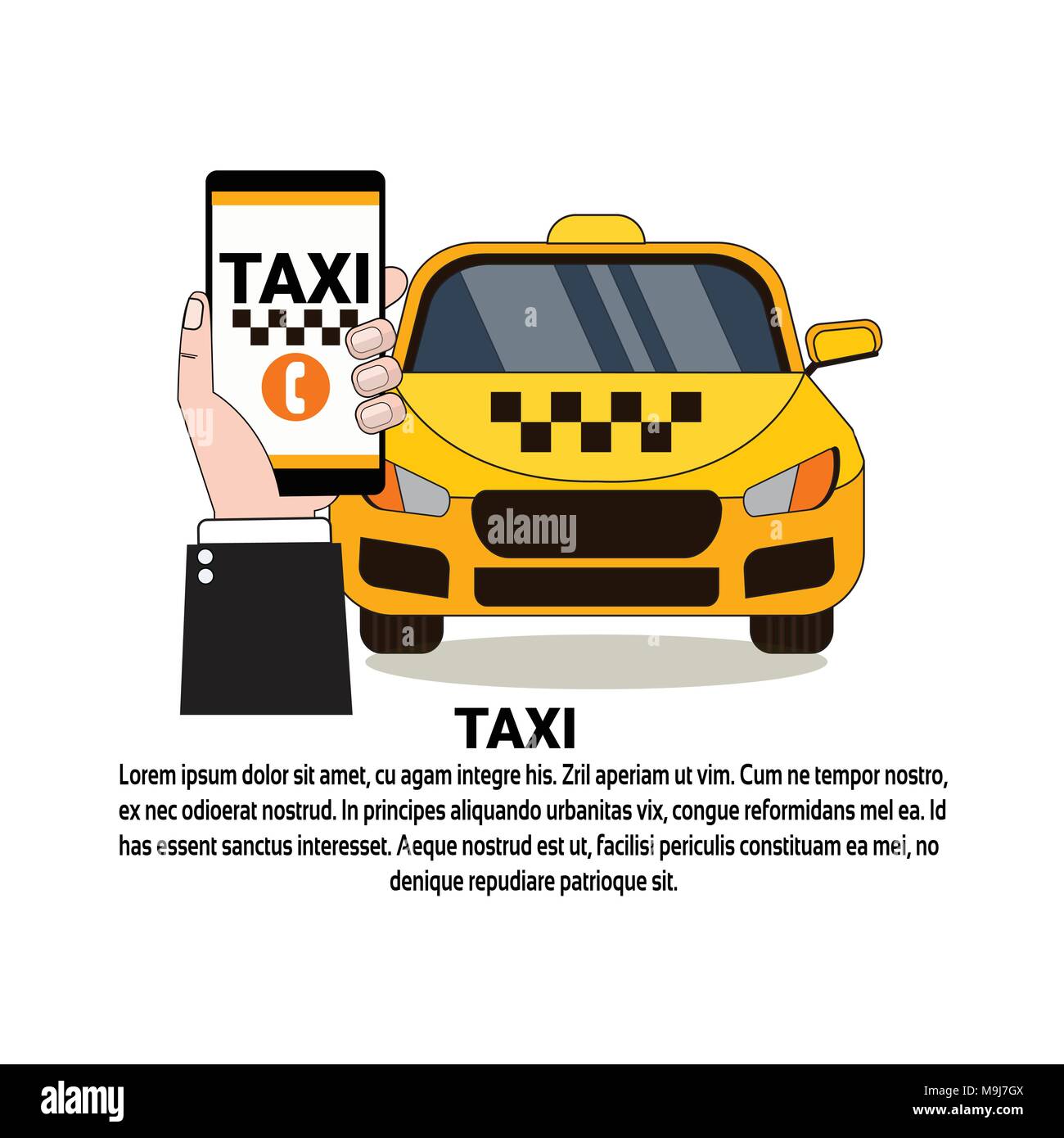 On line il servizio Taxi mano azienda Smart Phone su giallo auto della cabina Illustrazione Vettoriale