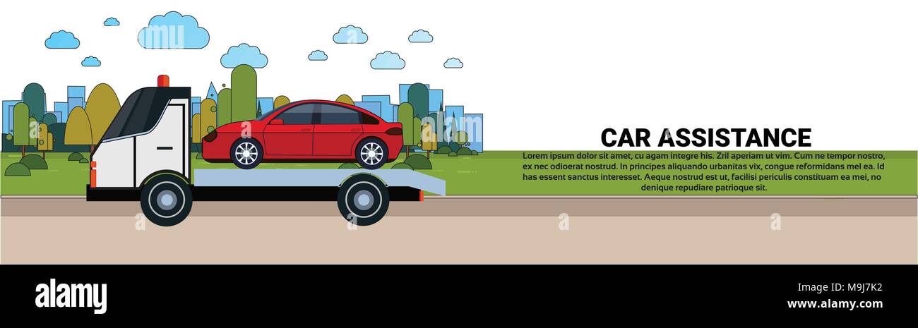 Assistenza auto concetto con servizio stradale veicolo di traino evacuazione Banner orizzontale Illustrazione Vettoriale