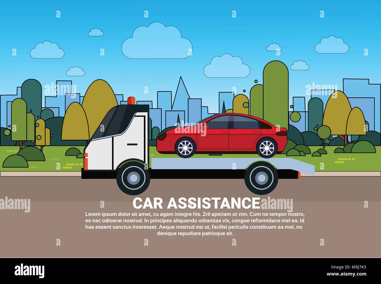 Assistenza auto concetto con servizio stradale del veicolo trainante Banner di evacuazione Illustrazione Vettoriale