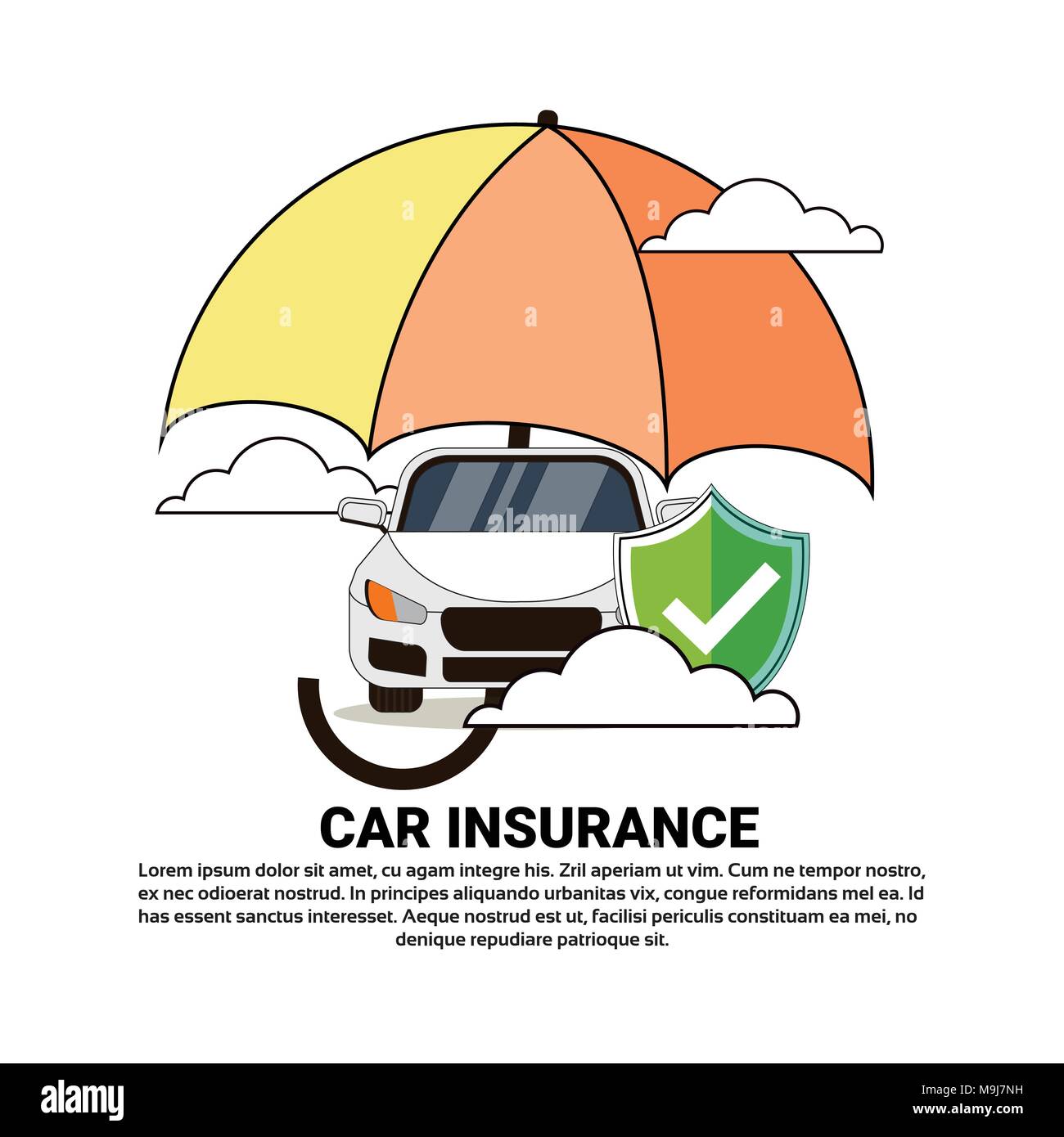Auto di assicurazione di protezione di sicurezza con il concetto del veicolo sotto l'icona ombrello Illustrazione Vettoriale