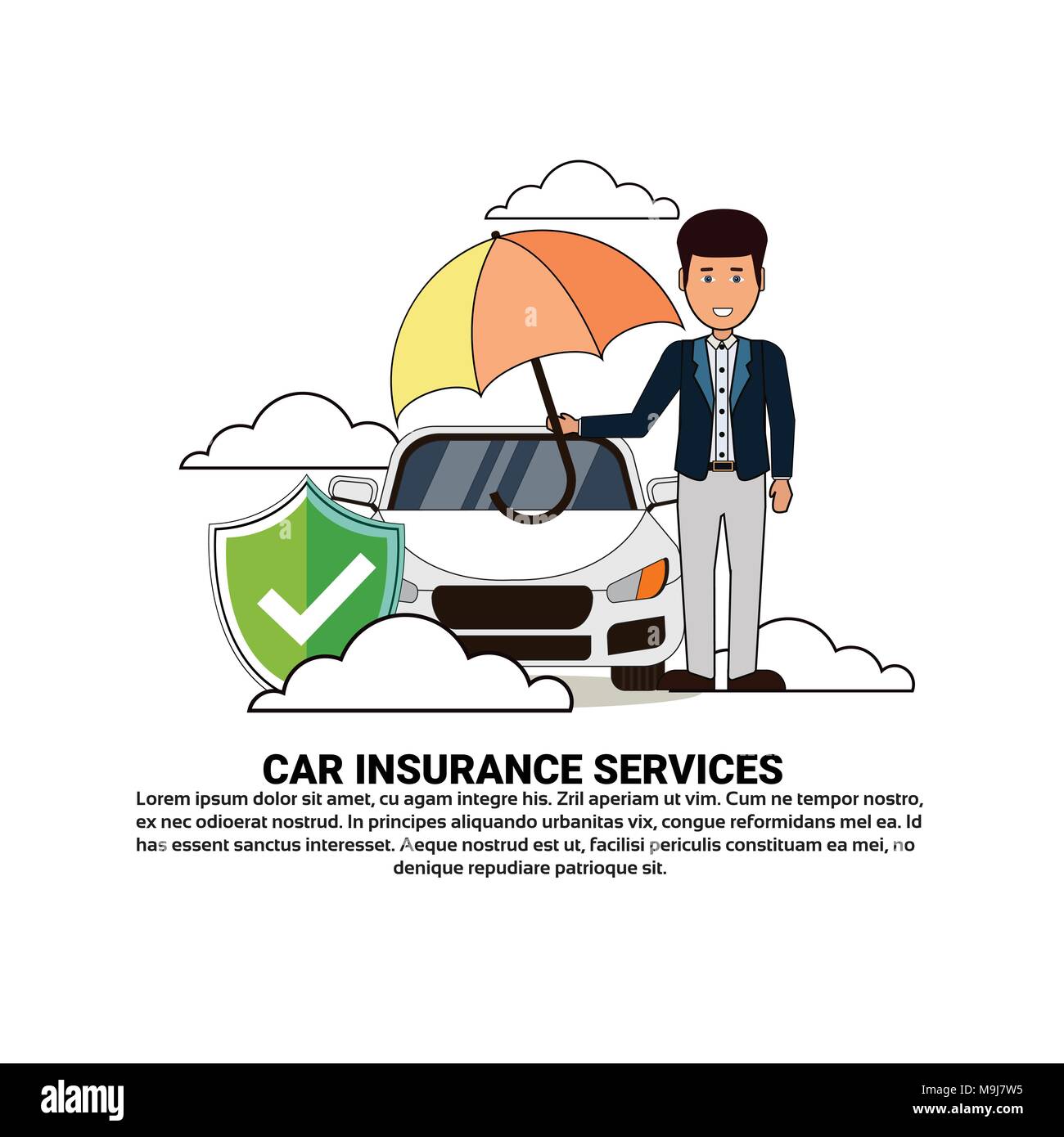 Assicurazione auto il concetto di servizio con Uomo con ombrello su Auto Illustrazione Vettoriale