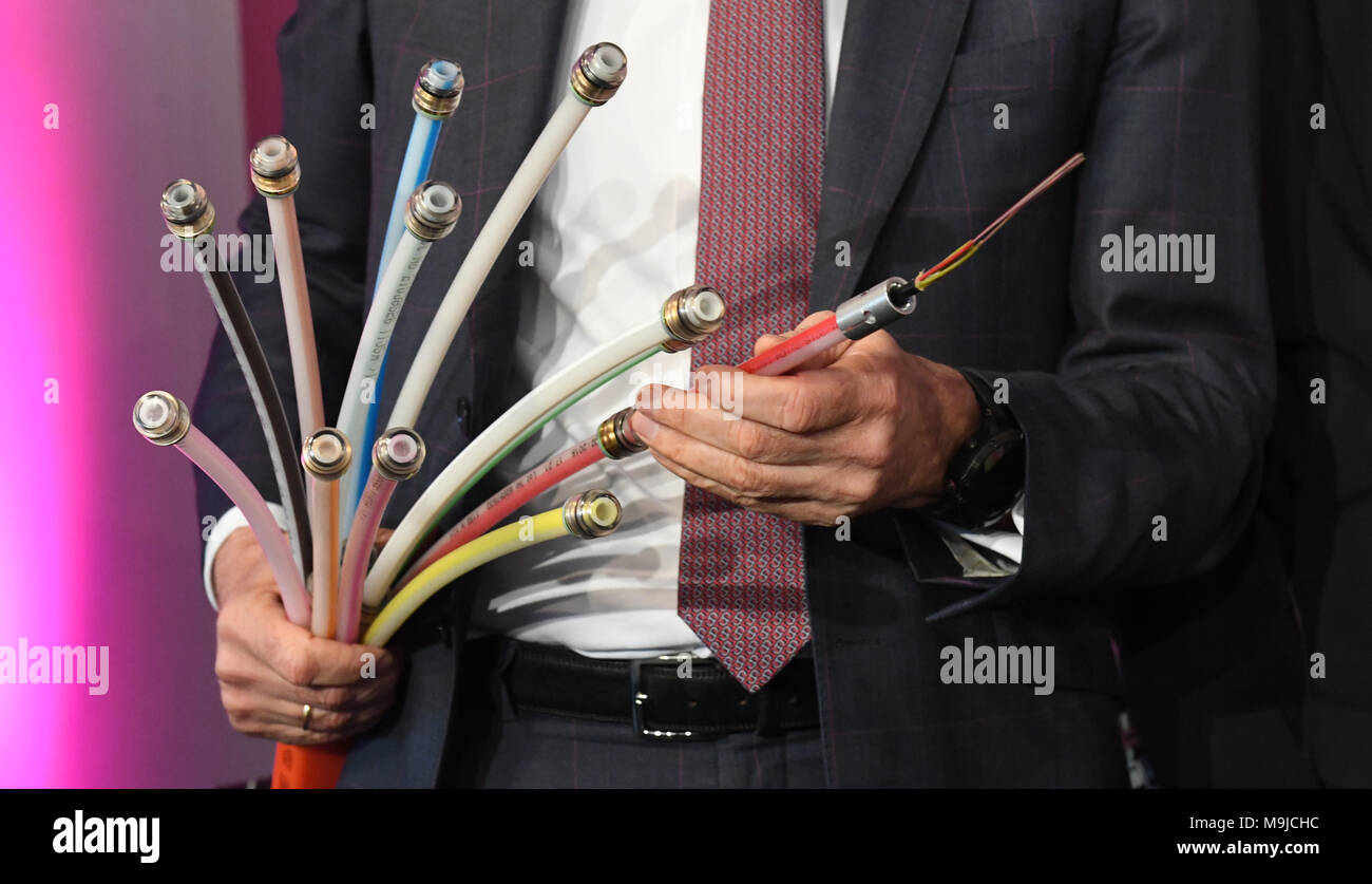 26 marzo 2018, Germania, Klein Kedingshagen: Timoteo Hoettges, CEO di German Telekom, presenta i tubi colorati per fibre ottiche durante l'inaugurazione per l'espansione della banda larga. Telekom ha iniziato la loro più grande progetto di potenziamento della rete in fibra ottica in un piccolo villaggio accanto a Stralsund. Foto: Stefan Sauer/dpa Foto Stock