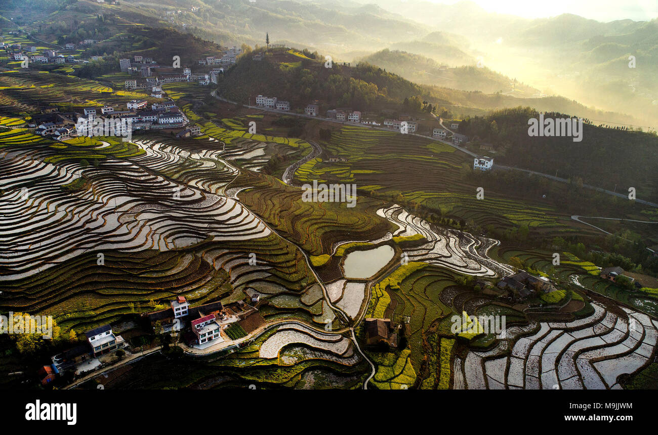 Hanyin. 27 Mar, 2018. Foto scattata a Marzo 27, 2018 mostra lo scenario di Fengyan terrazze a Xuanwuo Township della contea Hanyin, Cina nord-occidentale della provincia di Shaanxi. La terrazza Fengjiang Yanping e terrazza, o Fengyan terrazze, che potrebbe risalire a più di 250 anni fa sono di grande importanza per lo studio della lingua cinese antica cultura contadina. Credito: Tao Ming/Xinhua/Alamy Live News Foto Stock