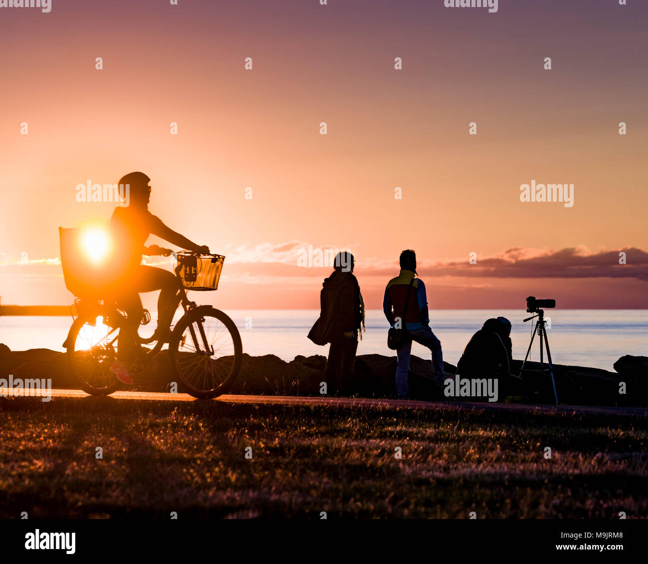 La gente al tramonto sul mare, Saebraut, Reykjavik, Islanda Foto Stock