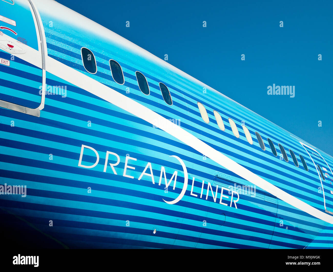 Fusoliera di Boeing Dreamliner alla International Aviation & Space Salon a Mosca MAKS, 16 agosto 2011, Russia Foto Stock