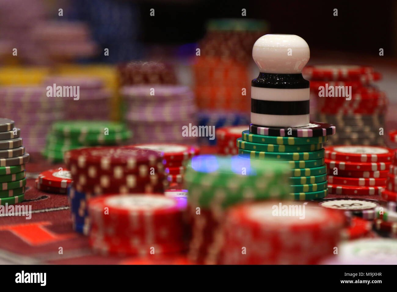 Chip collocato sul tavolo da gioco di casino Foto Stock