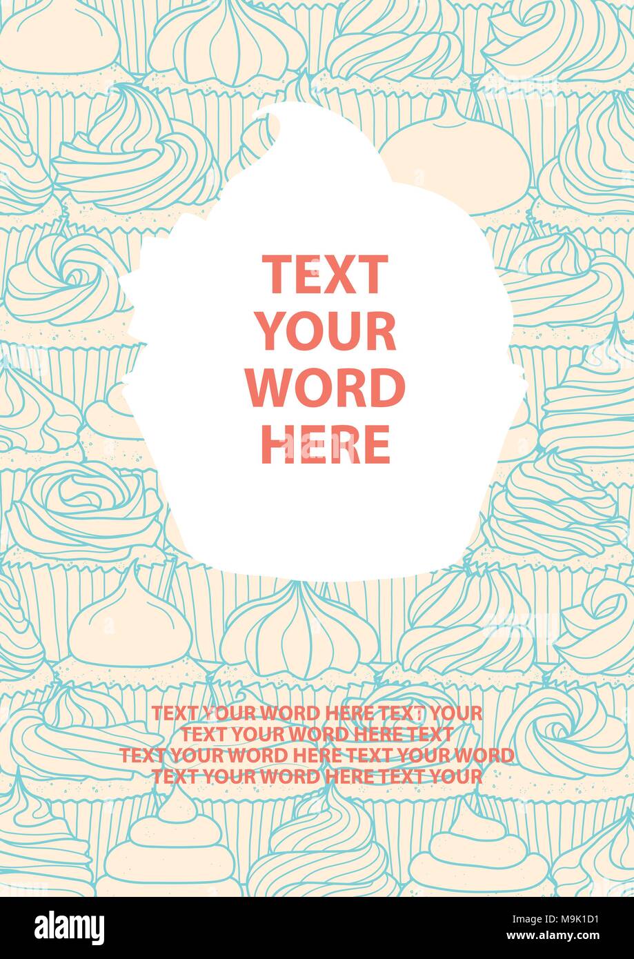 Tortine nel contorno azzurro pastello su sfondo rosa e spazio per il testo in bianco cupcake contorno. Poster o di sfondo nel design illustrazione vettoriale. Illustrazione Vettoriale